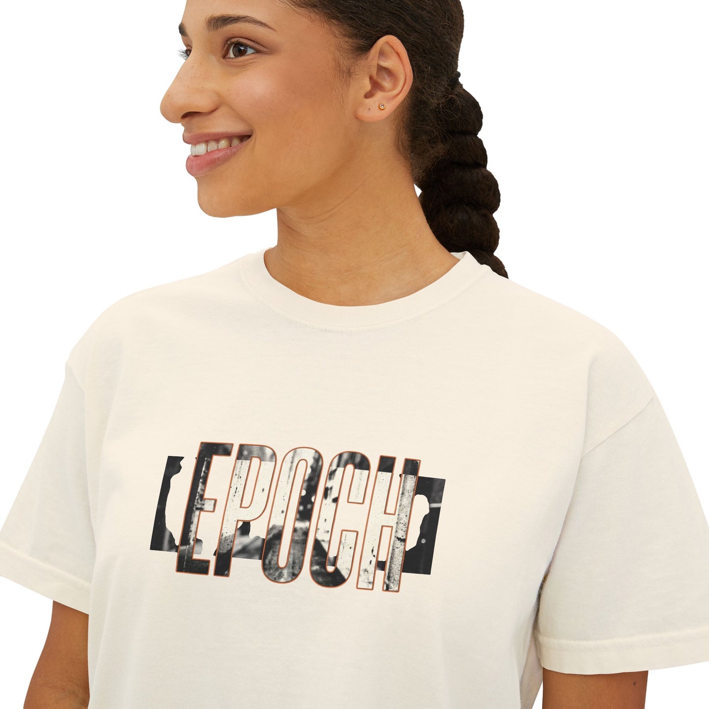 Epoch Graphic Boxy Tee — Women's Vintage-Inspired Neutral Crop Top