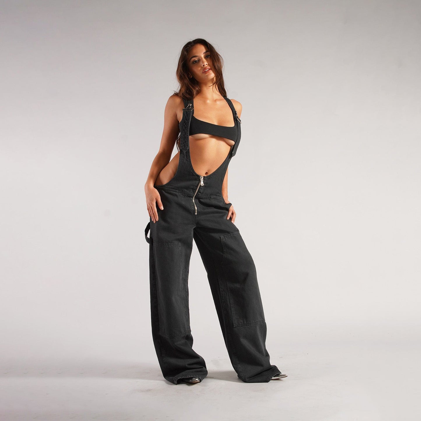 Chic Zipper Denim Overalls with Pockets