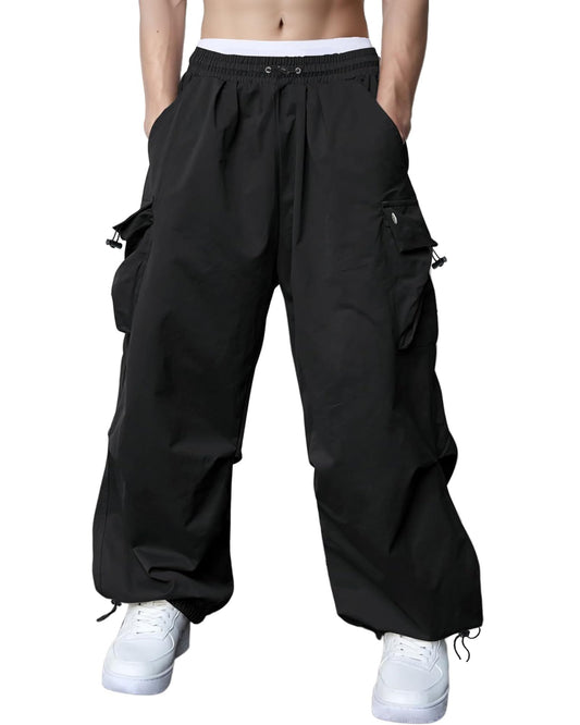 Men's Wide-Leg Parachute Cargo Trousers with Pockets
