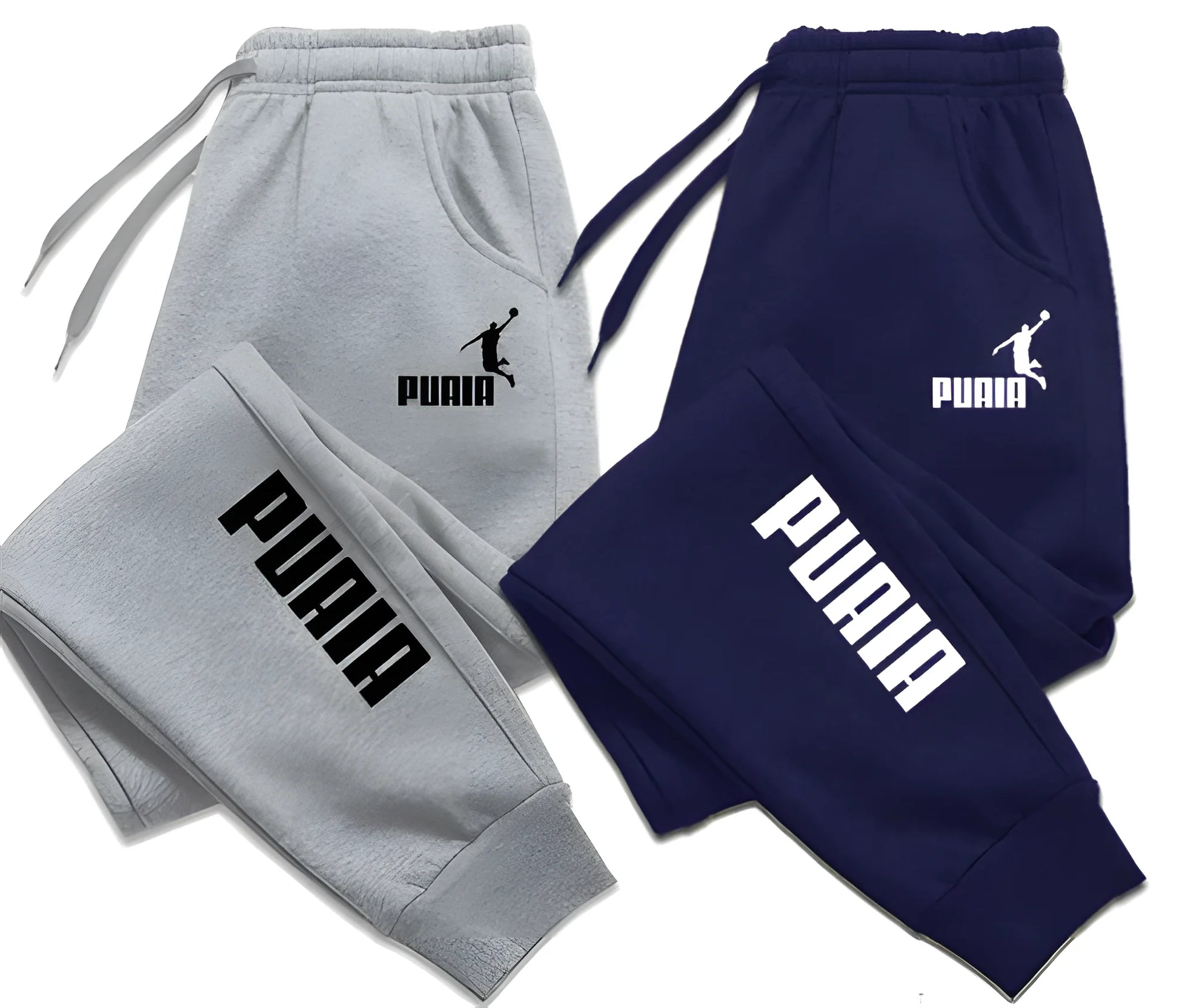 Gray and navy Puma tracksuits with logos on a white background