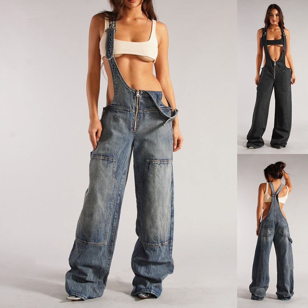 Chic Zipper Denim Overalls with Pockets