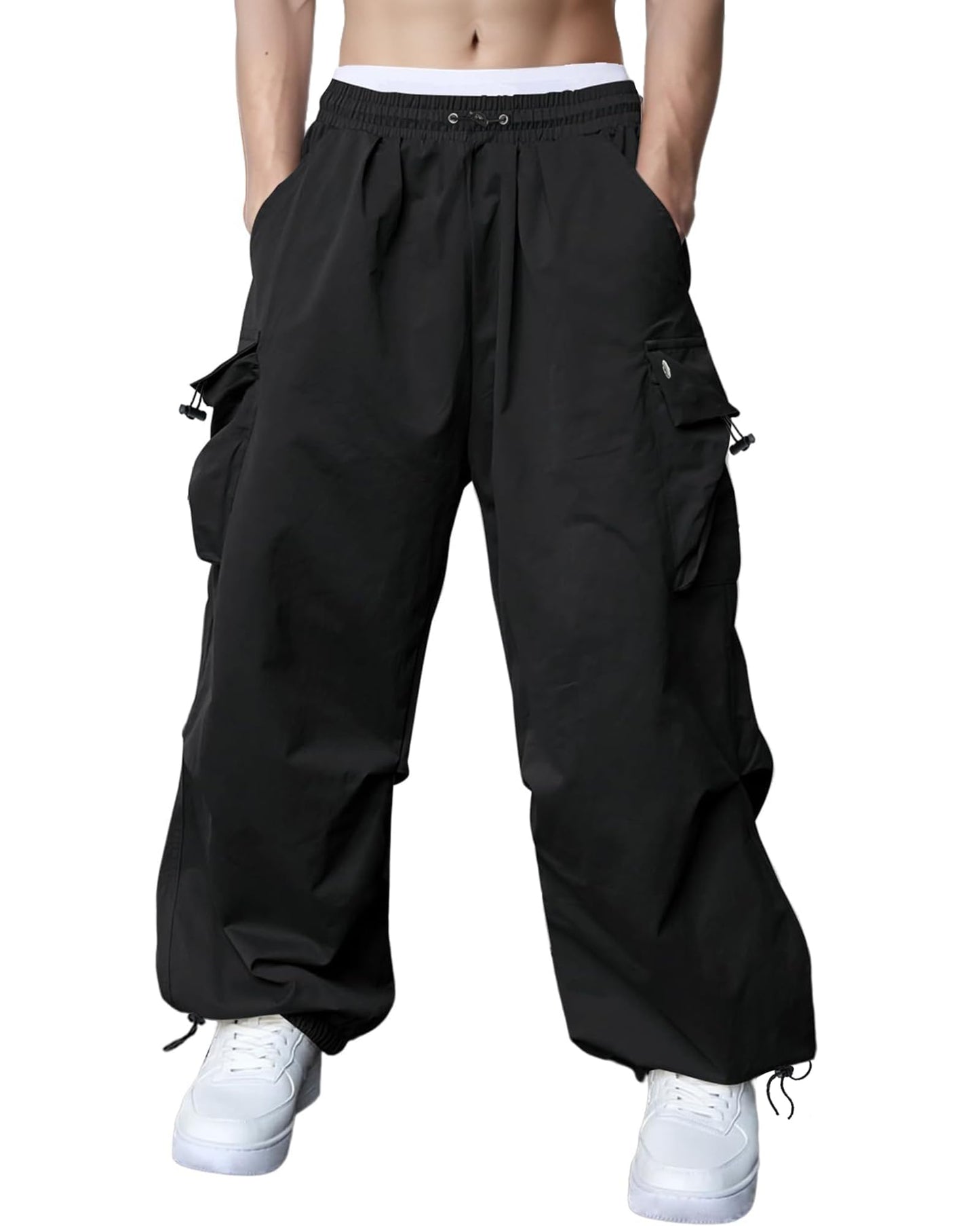 Men's Wide-Leg Parachute Cargo Trousers with Pockets